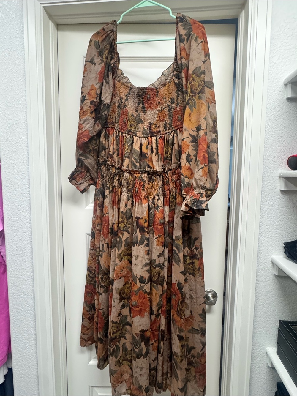 Floral Boho Long Sleeve Maxi Dress in Brown and Orange